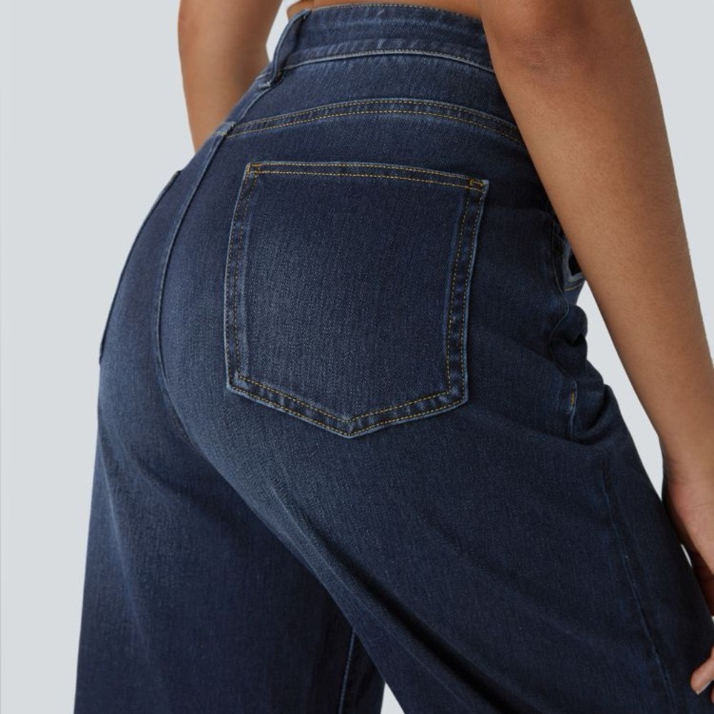 Halara Flex High Waisted Pockets Rolled Hem Wide Leg Washed Casual Jeans - Picture 4 of 9